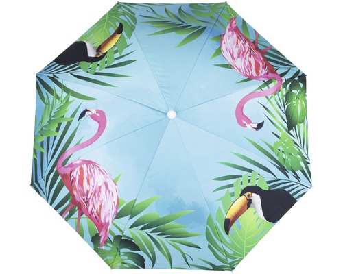 Geöffneter Regenschirm mit Tukan, Flamingos und Pflanzenmotiven