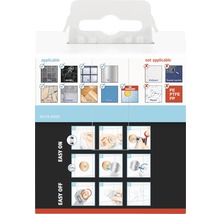 Informationen zur Anwendbarkeit des Produkts auf verschiedenen Oberflächen und zur einfachen Anbringung und Entfernung