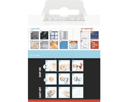 Informationen zur Anwendbarkeit des Produkts auf verschiedenen Oberflächen und zur einfachen Anbringung und Entfernung
