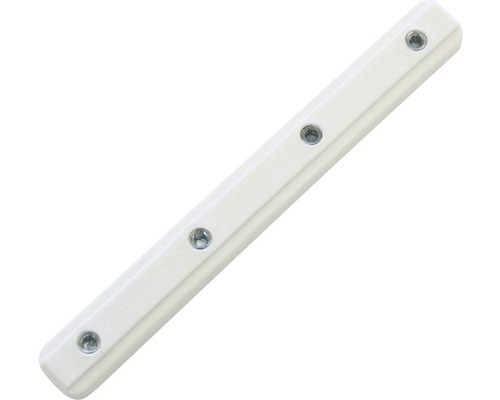 Schienenverbinder für Aluminium-Vorhangschienen 1-läufig und 3-läufig weiss Eine weisse Holzleiste mit vier Schraubenlöchern.