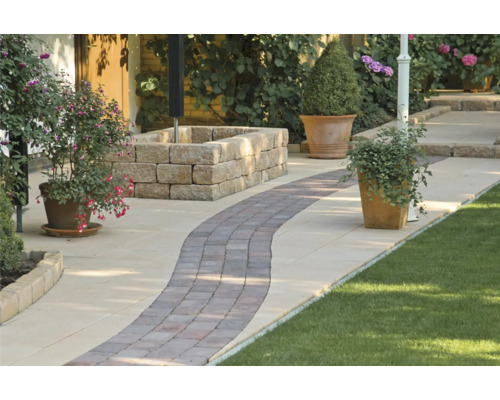 Gartenweg mit Steinpflaster und verschiedenen Pflanzen in Töpfen