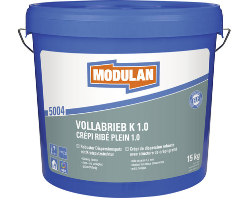 MODULAN 5004 Crépi ribé plein K 1.0 blanc 15 kg Seau d''enduit de dispersion avec structure de crépi gratté, taille du grain 1.0 mm, 15 kg
