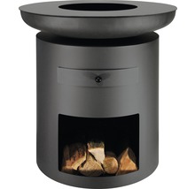 Feuerstelle aus Metall mit Holzfach