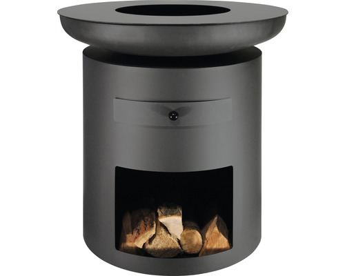 Feuerstelle aus Metall mit Holzfach