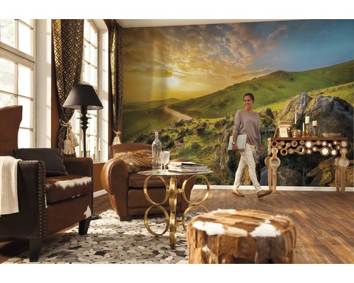 Wohnzimmer mit Sesseln, Beistelltisch, Konsole und Fototapete mit Berglandschaft