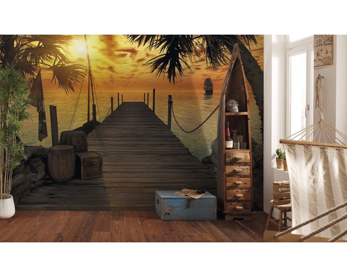 Papier peint photo décoratif intissé avec motif de jetée, de mer et ambiance pirate pour l''intérieur