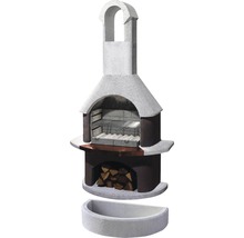 Cheminée de barbecue de jardin en pierre avec compartiment de rangement du bois et grille de barbecue