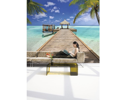 Image murale avec motif de plage tropicale et femme sur un canapé