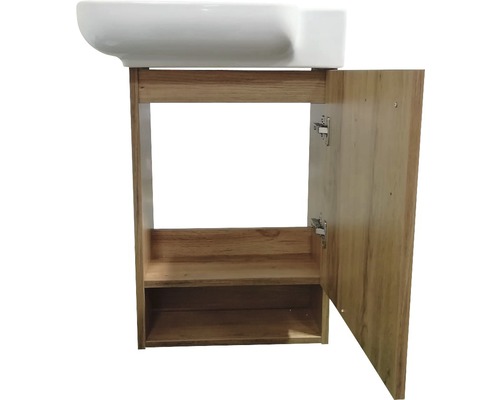 Meuble sous-lavabo avec porte ouverte et étagère