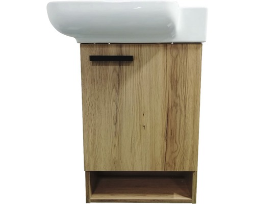 Meuble sous-lavabo avec porte en bois et compartiment ouvert