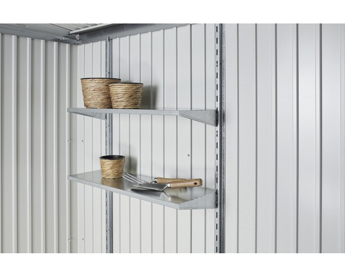 Tablette d'étagère biohort pour toutes les serres 2 tablettes, 72 x 43,5cm argent Système d''étagères dans une cabane de jardin avec des paniers et des outils de jardin
