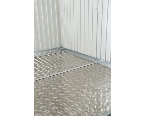 Dalle de sol biohort remise à outils AvantGarde taille A8, 243,5 x 323,5 cm Vue intérieure d''une remise avec plaque de sol