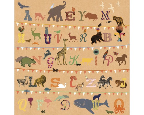 Papier peint panoramique intissé V5-782 T comme Tigre 5 pces 250 x 250 cm Illustration d''un alphabet avec des animaux et des lettres, adapté aux enfants