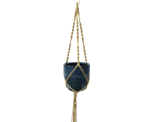 Suspension pour plante avec cache-pot bleu et suspension en macramé