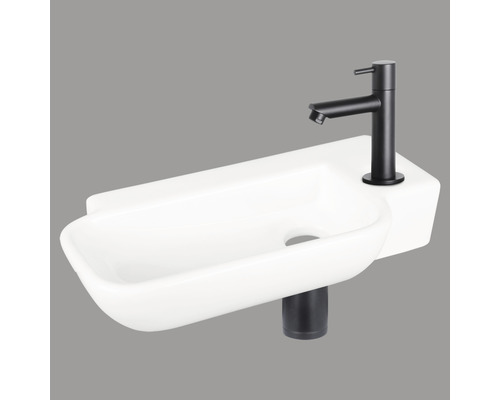 Lave-mains - Ensemble comprenant robinet de lave-mains noir REBA céramique sanitaire émaillée blanche 36x19 cm