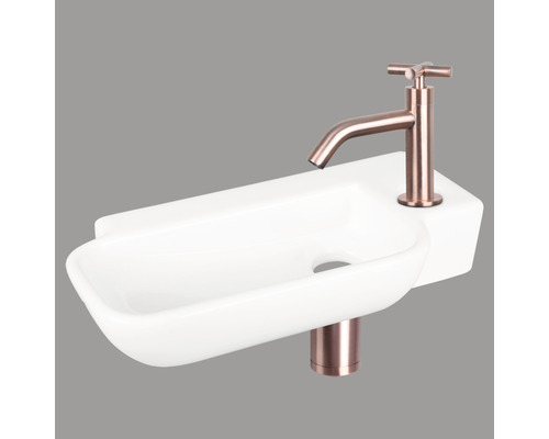 Lave-mains - Ensemble comprenant robinet de lave-mains rouge cuivre REBA céramique sanitaire émaillée blanche 36x19 cm