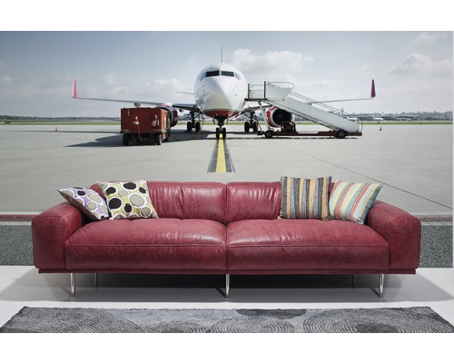 Zweisitzer Sofa aus Leder mit Kissen vor Flugzeugkulisse