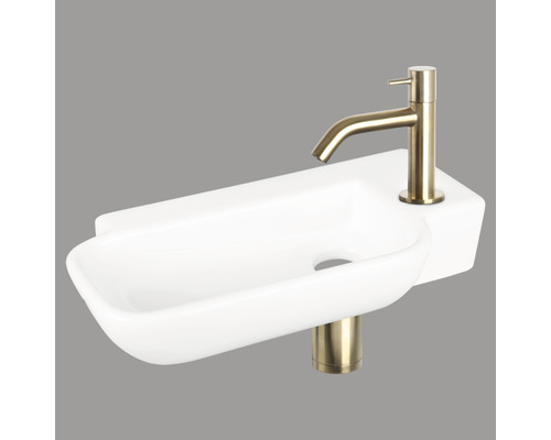 Lave-mains - Ensemble comprenant robinet de lave-mains doré REBA céramique sanitaire émaillée blanche 36x19 cm