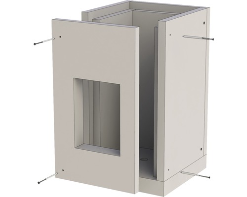 Montage d''un meuble de salle de bains avec porte ouverte et vis apparentes