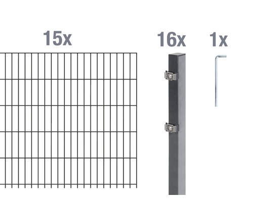 Clôture en grillage rigide double fil Alberts, (ensemble), hauteur 120 cm, 15 panneaux pour 30 m, 16 poteaux