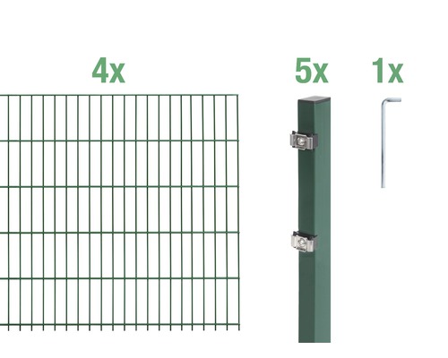 Ensemble de base de panneaux rigides double fil Alberts 8 m 200 x 120 cm, type: 6/5/6, vert Quatre éléments de clôture, cinq poteaux de clôture et un outil de montage