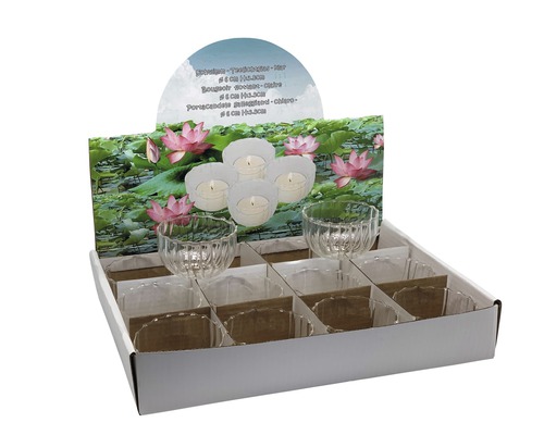 Teelichthalter aus Glas in Verkaufsverpackung