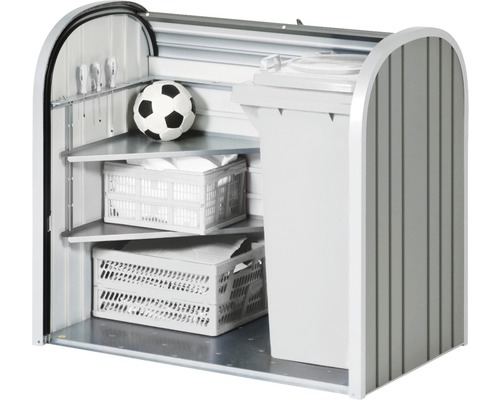 Mülltonnenbox mit Regalen, Kisten und Fussball