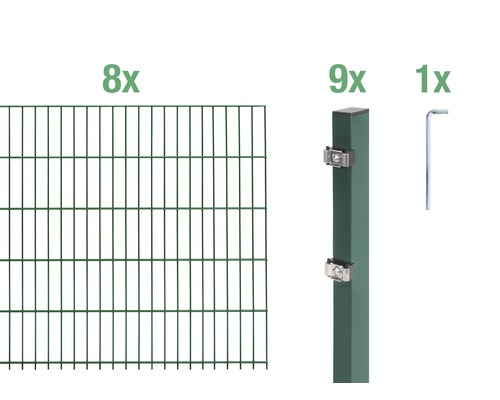 Ensemble de base de panneaux rigides double fil Alberts 16 m 200 x 120 cm, type: 6/5/6, vert Huit panneaux à double fil, neuf poteaux de clôture et une clé