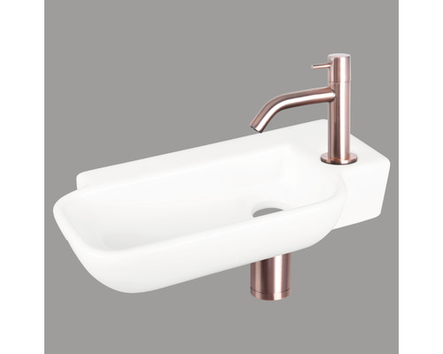 Lave-mains - Ensemble comprenant robinet de lave-mains rouge cuivre REBA céramique sanitaire émaillée blanche 36x19 cm