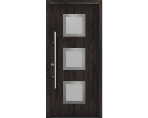 Porte d'entrée EcoStar ISOPRO Secur IPS 810S 1100 x 2100 mm gauche night oak avec ensemble de ferrures, poignée barre en acier inoxydable, cylindre profilé de sécurité avec 5 clés