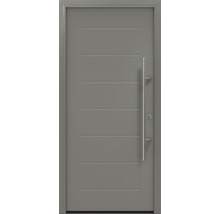 Porte d''entrée grise avec moulures horizontales et poignée barre