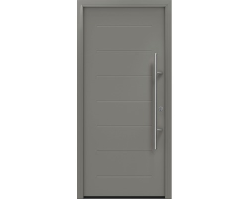Porte d'entrée EcoStar ISOPRO Secur IPS 015 1100 x 2100 mm droite RAL 9007 aluminium gris mat avec ensemble de ferrures, poignée barre en acier inoxydable, cylindre profilé de sécurité avec 5 clés