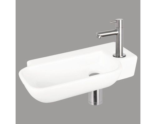 Lave-mains - Ensemble comprenant robinet de lave-mains chromé REBA céramique sanitaire émaillée blanche 36x19 cm