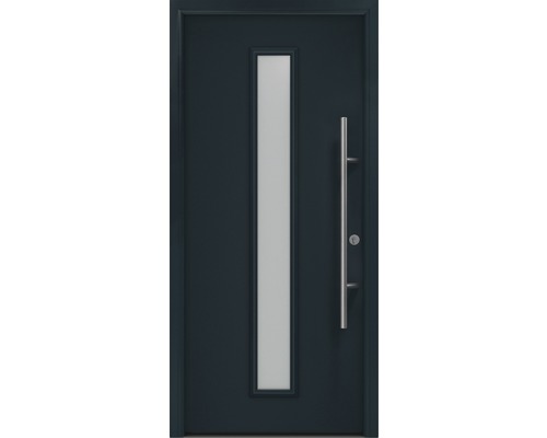Porte d'entrée EcoStar ISOPRO Secur IPS 020S 1100 x 2100 mm droite RAL 7016 gris anthracite avec ensemble de ferrures, poignée barre en acier inoxydable, cylindre profilé de sécurité avec 5 clés Porte d''entrée moderne avec insertion de verre verticale et poignée en acier inoxydable