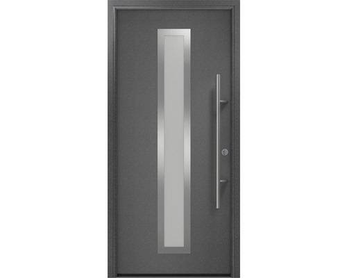 Porte d'entrée EcoStar ISOPRO Secur IPS 700S 1100 x 2100 mm droite CH703 anthracite metallic avec ensemble de ferrures, poignée barre en acier inoxydable, cylindre profilé de sécurité avec 5 clés Porte d''entrée grise avec insert en verre et poignée en acier inoxydable