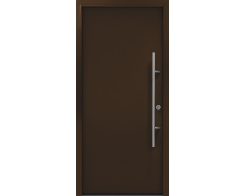 Porte d'entrée EcoStar ISOPRO Secur IPS 010 1100 x 2100 mm droite RAL 8028 marron terre cuite avec ensemble de ferrures, poignée barre en acier inoxydable, cylindre profilé de sécurité avec 5 clés Porte d''entrée brune avec poignée en acier inoxydable