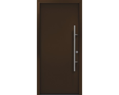 Porte d'entrée EcoStar ISOPRO Secur IPS 010 1100 x 2100 mm droite RAL 8028 marron terre cuite avec ensemble de ferrures, poignée barre en acier inoxydable, cylindre profilé de sécurité avec 5 clés