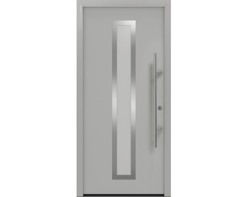 Porte d'entrée EcoStar ISOPRO Secur IPS 700S 1100 x 2100 mm droite RAL 9006 aluminium blanc mat avec ensemble de ferrures, poignée barre en acier inoxydable, cylindre profilé de sécurité avec 5 clés Porte d''entrée avec insert en verre et barre de poignée
