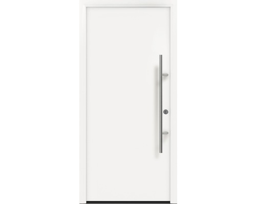 Porte d'entrée EcoStar ISOPRO Secur IPS 010 1100 x 2100 mm droite RAL 9016 blanc signalisation avec ensemble de ferrures, poignée barre en acier inoxydable, cylindre profilé de sécurité avec 5 clés Porte d''entrée blanche avec poignée en acier inoxydable
