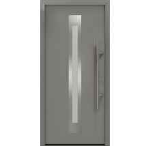 Porte d''entrée grise avec insert en verre vertical et poignée barre