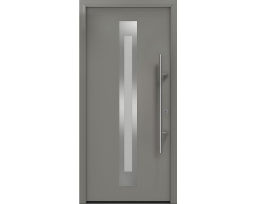 Porte d'entrée EcoStar ISOPRO Secur IPS 770S 1100 x 2100 mm droite RAL 9007 aluminium gris mat avec ensemble de ferrures, poignée barre en acier inoxydable, cylindre profilé de sécurité avec 5 clés Porte d''entrée grise avec insert en verre vertical et poignée barre