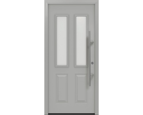 Porte d'entrée EcoStar ISOPRO Secur IPS 410S 1100 x 2100 mm droite RAL 9006 aluminium blanc mat avec ensemble de ferrures, poignée barre en acier inoxydable, cylindre profilé de sécurité avec 5 clés