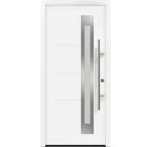 Porte d''entrée blanche avec poignée en acier inoxydable et insert en verre