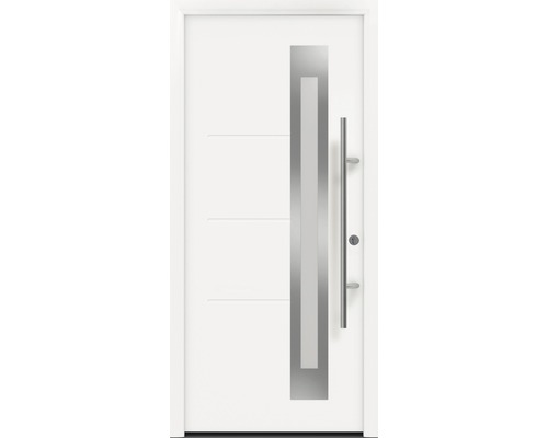 Porte d'entrée EcoStar ISOPRO Secur IPS 780S 1100 x 2100 mm droite RAL 9016 blanc signalisation avec ensemble de ferrures, poignée barre en acier inoxydable, cylindre profilé de sécurité avec 5 clés