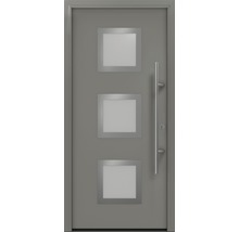 Graue Haustür mit drei quadratischen Glaseinsätzen und Edelstahlgriff