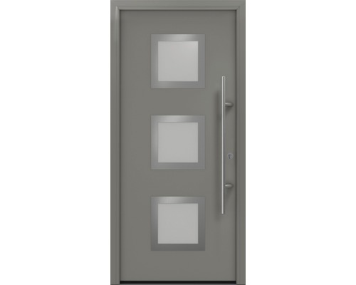 Porte d'entrée EcoStar ISOPRO Secur IPS 810S 1100 x 2100 mm droite RAL 9007 aluminium gris mat avec ensemble de ferrures, poignée barre en acier inoxydable, cylindre profilé de sécurité avec 5 clés Porte d''entrée grise avec trois panneaux de verre carrés et poignée en acier inoxydable