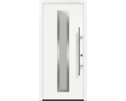 Porte d'entrée EcoStar ISOPRO Secur IPS 700S 1100 x 2100 mm droite RAL 9016 blanc signalisation avec ensemble de ferrures, poignée barre en acier inoxydable, cylindre profilé de sécurité avec 5 clés