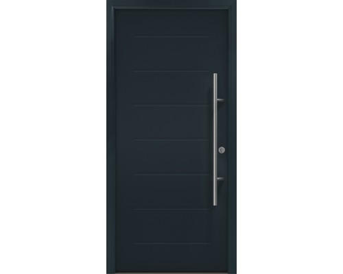 Porte d'entrée EcoStar ISOPRO Secur IPS 015 1100 x 2100 mm droite RAL 7016 gris anthracite avec ensemble de ferrures, poignée barre en acier inoxydable, cylindre profilé de sécurité avec 5 clés Porte d''entrée avec lignes horizontales et poignée en acier inoxydable