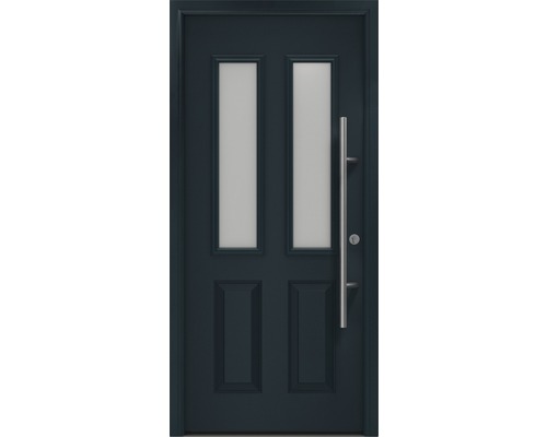 Porte d'entrée EcoStar ISOPRO Secur IPS 410S 1100 x 2100 mm droite RAL 7016 gris anthracite avec ensemble de ferrures, poignée barre en acier inoxydable, cylindre profilé de sécurité avec 5 clés Porte d''entrée avec deux inserts en verre et barre de poignée