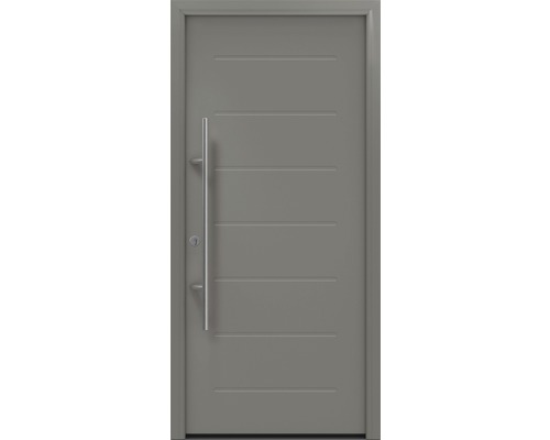 Porte d'entrée EcoStar ISOPRO Secur IPS 015 1100 x 2100 mm gauche RAL 9007 aluminium gris mat avec ensemble de ferrures, poignée barre en acier inoxydable, cylindre profilé de sécurité avec 5 clés